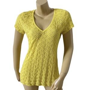 MODA INTERNATIONAL Womens Size Large Sheer Yellow Lace Short Sleeve V Neck Shirt